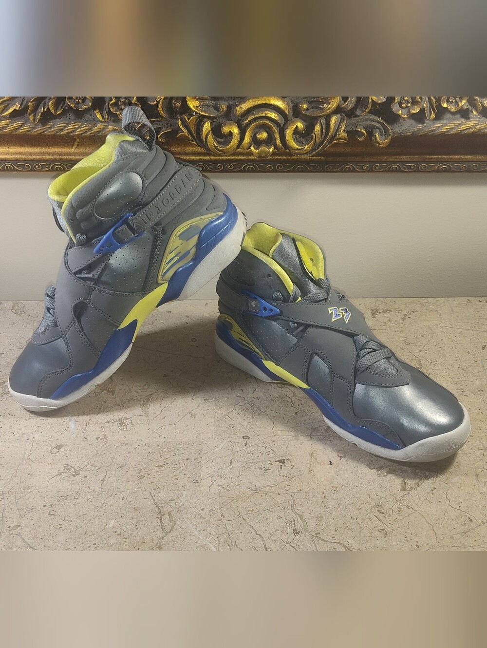 Air Jordan 8 Retro GS Laney Kids Mid-Top Sneakers in Gray, Yellow,Blue Unisex